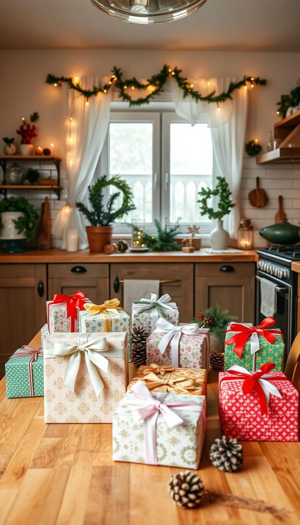 A cozy and inviting kitchen scene adorned with festive Christmas decorations, showcasing beautifully crafted “geschenk” gift boxes from the brand "KlickKiste". In the foreground, a wooden kitchen table laden with a variety of decorative, stylish gift boxes, each wrapped in vibrant, patterned paper, tied with elegant ribbons. In the middle ground, a window draped with sheer curtains allows soft, warm sunlight to filter in, casting a gentle glow over the scene. Various elements of winter decor, such as pinecones, evergreen sprigs, and twinkling fairy lights are artistically arranged around the room, evoking a festive atmosphere. The background features a warm, inviting kitchen with traditional elements, like a vintage oven and rustic cabinetry, enhancing the DIY spirit. The overall mood is heartwarming and inspirational, inviting viewers to embrace the charm of homemade holiday decor.