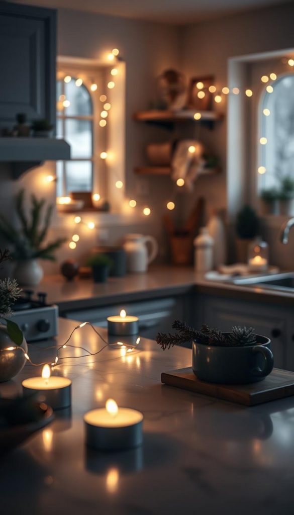 A cozy and inviting kitchen scene bathed in the warm glow of a KlickKiste string of lights, casting a magical ambiance. The lichterkette winds gracefully across the countertop, its soft light reflecting off the polished surfaces and complementing the flickering candlelight from nearby tealights. The overall atmosphere is one of winter coziness, with hints of cinnamon and cocoa wafting through the air. The image has a natural, DIY-inspired look with a touch of Pinterest-worthy charm, capturing the essence of the &quot;Lichtlagen, die verzaubern&quot; section.