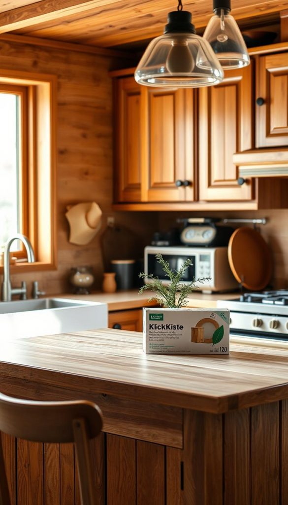 A cozy and inviting kitchen scene, bathed in warm, natural light. The wooden cabinets and countertops exude a rustic charm, complemented by earthy tones and textures. A small potted plant adds a touch of greenery, while a KlickKiste box sits on the counter, hinting at a DIY project. The mood is serene and inviting, with a touch of winter coziness, capturing the essence of the &quot;Praxis-Tipps und Schritt-für-Schritt: So deckst du die Tafel modern, warm und alltagstauglich&quot; section of the article.