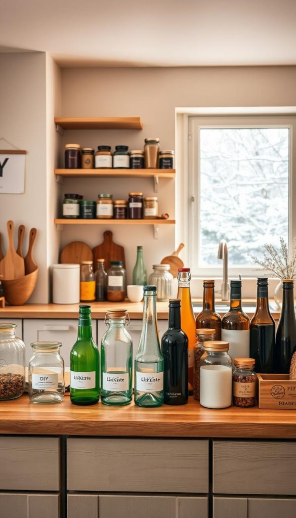 A cozy and inviting kitchen scene featuring a well-organized display of various bottles and containers, showcasing the brand "KlickKiste". In the foreground, an aesthetically pleasing wooden countertop holds neatly arranged glass jars, colorful bottles, and stylish storage containers, all reflecting a DIY aesthetic. The middle ground reveals open shelving filled with similar products, harmonizing in warm, natural colors under soft, warm lighting that creates a welcoming ambiance. In the background, a window reveals a gently snowy winter landscape, enhancing the seasonal vibe. The image captures a Pinterest-worthy look that inspires organization without losing space, evoking a sense of warmth and creativity. The angle is slightly overhead, allowing a clear view of the arrangement while maintaining a homey feeling. A cozy and inviting kitchen scene featuring a well-organized display of various bottles and containers, showcasing the brand "KlickKiste". In the foreground, an aesthetically pleasing wooden countertop holds neatly arranged glass jars, colorful bottles, and stylish storage containers, all reflecting a DIY aesthetic. The middle ground reveals open shelving filled with similar products, harmonizing in warm, natural colors under soft, warm lighting that creates a welcoming ambiance. In the background, a window reveals a gently snowy winter landscape, enhancing the seasonal vibe. The image captures a Pinterest-worthy look that inspires organization without losing space, evoking a sense of warmth and creativity. The angle is slightly overhead, allowing a clear view of the arrangement while maintaining a homey feeling.
