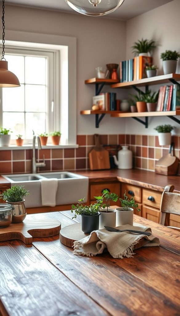 A cozy and inviting kitchen showcasing "KlickKiste" rental-friendly upgrades, featuring a rustic wooden table adorned with stylish plant pots and decorative utensils. In the foreground, a chic cutting board with fresh herbs, and a soft linen towel draped casually. The middle layer includes newly applied peel-and-stick backsplash tiles in warm earth tones. Stylish, no-drill shelves with colorful cookbooks and potted herbs are hanging on the walls. The background reveals natural light pouring through a window, illuminating the space with a warm glow, enhancing the winter vibes. Warm colors throughout create an authentic, inspirational atmosphere perfect for Pinterest aesthetics. Overall, capture a sense of creativity and functionality without clutter.