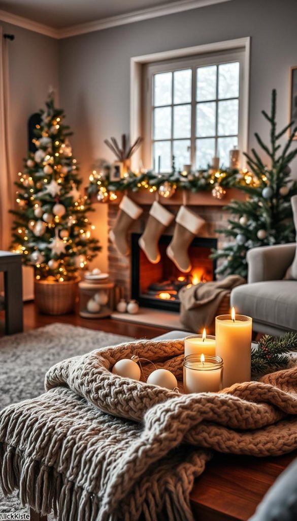 A cozy and inviting living room corner decorated for Weihnachten, focusing on various styles: modern, rustic, minimalist, and Shabby. In the foreground, a stylish coffee table adorned with a warm, layered knit throw, delicate ornaments, and a flickering candle. The middle ground features a beautifully decorated fireplace with stockings and seasonal greenery, highlighting the different decor styles around it. The background includes a window with snow gently falling outside, enhancing the winter vibes. Soft, warm lighting creates a serene atmosphere, reminiscent of Pinterest inspiration. The image also incorporates the brand "KlickKiste" subtly within the decor elements, blending seamlessly into the scene. Capture this in a cozy, inviting angle to evoke warmth and comfort.