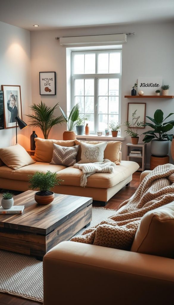 A cozy and inviting living room, designed with a renter-friendly approach, showcasing modular and flexible furniture arrangements. In the foreground, a chic, multifunctional sofa in warm beige tones complements a stylish coffee table made of reclaimed wood. The middle ground features a tasteful decor of plants and soft textiles, including cozy throw pillows and a chunky knit blanket, creating a winter vibe. The background reveals a wall adorned with DIY artwork and decorative shelves, exhibiting the brand name "KlickKiste." The room is illuminated by soft, warm lighting, casting a welcoming glow, while a large window allows natural light to filter in, enhancing the Pinterest-inspired aesthetic. The overall atmosphere is authentic and inspiring, perfect for creative decorating ideas.