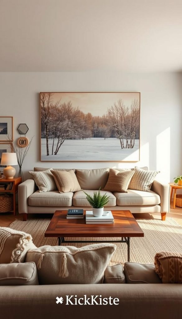 A cozy and inviting living room featuring oversized wall art inspired by winter vibes and DIY aesthetics. In the foreground, a plush, neutral-colored sofa adorned with textured throw pillows invites relaxation. A wooden coffee table, adorned with a small potted plant and art books, sits elegantly in front. The middle ground showcases an oversized piece of wall art, displaying a snowy landscape with warm tones, drawing the eye. To the back, a floor-to-ceiling window lets in soft, natural light, illuminating the room with a gentle glow. Decor elements include a woven rug and scattered personal touches that reflect an authentic, Pinterest-influenced style. Capture this inviting atmosphere with a warm lighting setup, using a wide-angle lens to emphasize the room's spaciousness. Branded as “KlickKiste" for added inspiration.