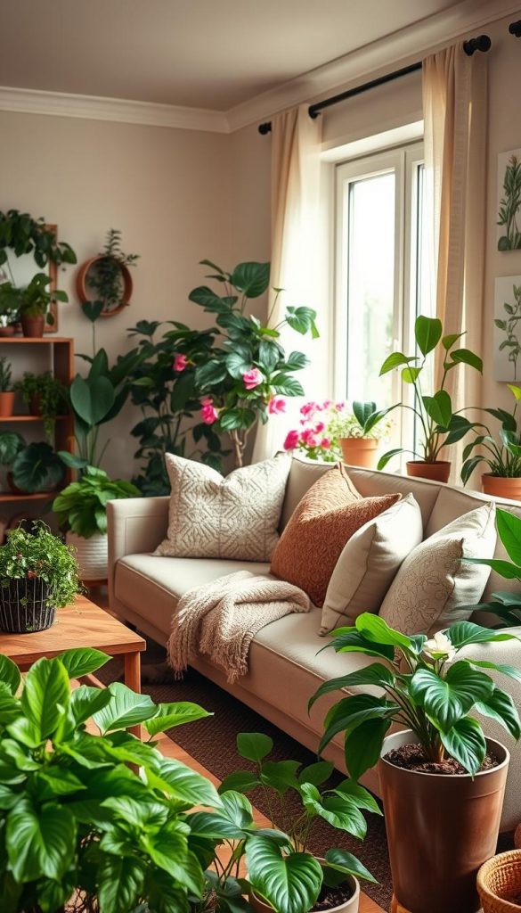 A cozy and inviting living room filled with various indoor plants, showcasing a budget-friendly yet sophisticated decor aesthetic. In the foreground, there are lush green potted plants on a wooden coffee table and vibrant flowering plants on a nearby shelf. The middle ground features a comfortable sofa adorned with textured cushions and a soft throw, positioned next to large windows letting in warm, natural light. In the background, delicate curtains flutter gently, and a wall adorned with botanical prints enhances the natural vibe. The atmosphere is warm and welcoming, inspired by winter aesthetics with earthy tones. Use a soft focus lens effect to create a dreamy, Pinterest-worthy look that highlights the charm of incorporating nature into home decor. Brand name: KlickKiste.