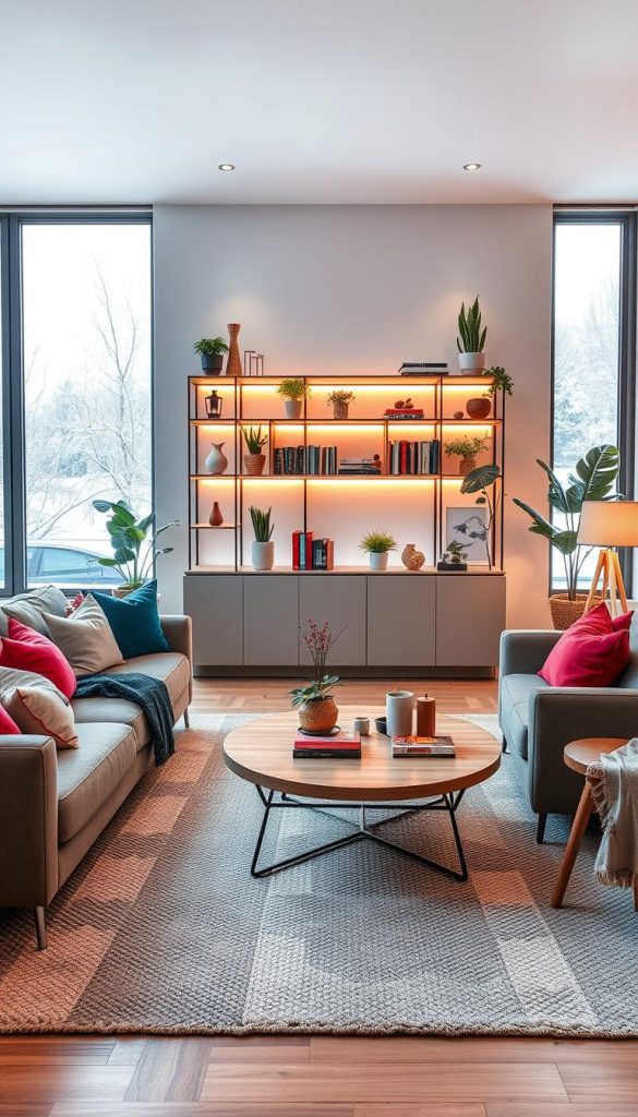 A cozy and inviting living room in a modern home, showcasing stylish and functional furniture from the brand "KlickKiste". In the foreground, a plush sofa adorned with colorful throw pillows, a textured area rug, and a wooden coffee table laden with decorative items. The middle layer features a trendy bookshelf filled with books and indoor plants, while soft ambient lighting casts a warm glow throughout the scene. In the background, large windows invite natural light, revealing a serene winter landscape outside. The overall atmosphere is warm and inspiring, perfect for a Pinterest-worthy aesthetic, evoking a sense of comfort and creativity reflective of must-have products for 2026.