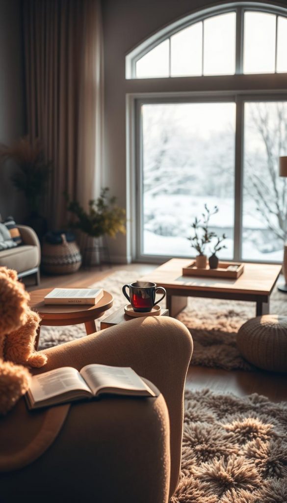 A cozy and inviting living room scene, bathed in soft, warm lighting. A plush, oversized armchair sits in the foreground, beckoning for a moment of tranquility. Atop a wooden side table, a steaming mug of tea and a book, conveying a sense of relaxation and mindfulness. In the middle ground, a large, shaggy rug and a low, minimalist coffee table create a harmonious, grounded feel. The background features a large window, framing a snowy, winter landscape, hinting at the &quot;Abendroutine&quot; and the desire for &quot;Erholung und weniger Stress&quot;. The overall mood is one of comfort, contentment, and a touch of natural, DIY-inspired &quot;KlickKiste&quot; aesthetics.