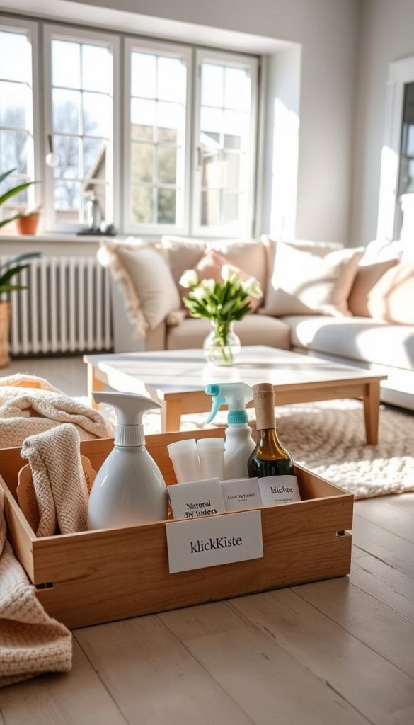 A cozy and inviting living room scene, beautifully arranged for spring cleaning. In the foreground, a stylish, neatly organized cleaning toolkit with natural DIY supplies from "KlickKiste," emphasizing a Pinterest-inspired aesthetic. In the middle ground, a bright and airy sofa adorned with soft, pastel throw pillows, complemented by a plush area rug. A small coffee table displays freshly cut flowers in a vase, adding a touch of warmth. The background features large windows allowing natural light to flood the space, creating a cheerful atmosphere. Soft shadows enhance the inviting feel. The overall mood is fresh, inspiring, and motivating, perfect for a spring cleaning theme.