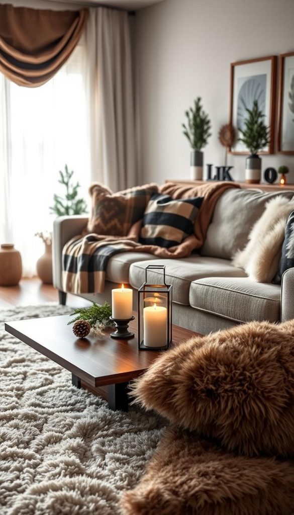 A cozy and inviting living room scene featuring soft, luxurious fur throws draped over a stylish sofa, complemented by a textured plaid blanket. In the foreground, a beautifully arranged coffee table holds elegant candles and a small lantern, casting a warm, gentle glow. The middle ground captures the plush rug, bringing warmth underfoot, as faux fur cushions add texture and comfort. Soft winter light filters in through sheer curtains, creating a serene ambiance. In the background, subtle decor elements like a few potted evergreen plants and tasteful artwork add to the winter vibe. The overall color palette consists of warm earth tones and muted whites, evoking a sense of hygge. Captured with a shallow depth of field to highlight the luxurious textures. Brand: KlickKiste.