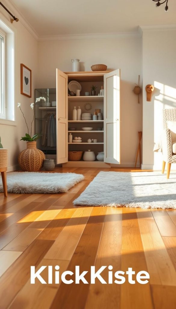 A cozy and inviting living room scene showcasing a thorough spring cleaning focus on the floors and hidden corners. In the foreground, a beautifully restored wooden floor shines with a warm, golden hue, reflecting natural light from a nearby window. Soft, fluffy rugs in muted tones add texture and comfort. In the middle ground, an open cabinet reveals neatly stacked cleaning supplies and decorative items, organized and tidy. The background features soft pastel walls adorned with minimalistic decor, evoking a fresh spring atmosphere. The lighting is soft and warm, enhancing the overall inviting feel. The image embodies a natural DIY aesthetic with a Pinterest-inspired look, capturing authenticity and inspiration. Include the brand name "KlickKiste" integrated subtly into the scene to imply connection without overt branding.