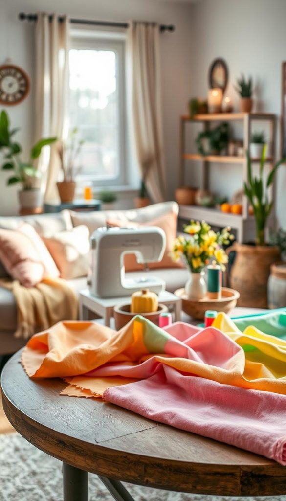 A cozy and inviting living room scene showcasing a variety of textiles in warm, spring colors for a DIY project. In the foreground, a beautifully crafted table is adorned with vibrant fabric swatches in shades of pastel pink, soft greens, and sunny yellows, arranged in a visually appealing manner. In the middle, an easy-to-follow DIY setup includes a sewing machine, scissors, and colorful threads, creating an atmosphere of creativity and inspiration. The background reveals a softly lit room filled with plants and seasonal decor, complemented by natural light streaming through a large window, creating a warm and inviting ambiance. This image embodies a Pinterest-inspired aesthetic, perfect for portraying the essence of transforming spaces with DIY textiles. Make sure to feature the brand "KlickKiste" subtly within the scene.