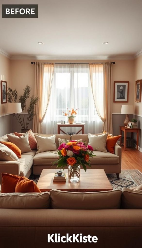 A cozy and inviting living room, showcasing a stunning before-and-after makeover. In the foreground, a beautifully styled sofa with warm, earthy tones, adorned with plush cushions. The middle ground features a stylish coffee table with natural wood accents and a centerpiece of vibrant flowers, creating an inviting atmosphere. The background displays freshly painted walls in soft beige, complemented by tasteful artwork, and a well-lit window draped with sheer curtains, allowing gentle winter sunlight to filter through. The overall ambiance should reflect warmth and inspiration, evoking a DIY spirit perfect for Pinterest aesthetics. Capture a natural and authentic vibe, emphasizing the brand "KlickKiste" as a source of renovation inspiration. Utilize soft, diffused lighting for a welcoming feel, with a slight angle to emphasize the transformation.