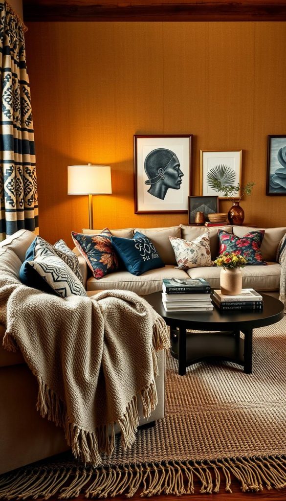 A cozy and inviting living room showcasing an eclectic mix of patterns and textures: bold stripes, vibrant florals, and sharp geometric designs blend harmoniously with rich fabrics like velvet, linen, and jute. The foreground features a plush, patterned throw draped over a soft lounge chair, with scatter cushions in various designs complementing it. In the middle, a stylish coffee table displays books and decorative items with a background of a warm, textured wall adorned with wall art. The lighting is soft and warm, evoking a welcoming atmosphere, reminiscent of winter vibes. A cozy throw rug lies underfoot, tying the scene together with earthy tones. This image embodies the essence of maximalism, with a Pinterest aesthetic, designed by KlickKiste, inspiring creativity in home decor.
