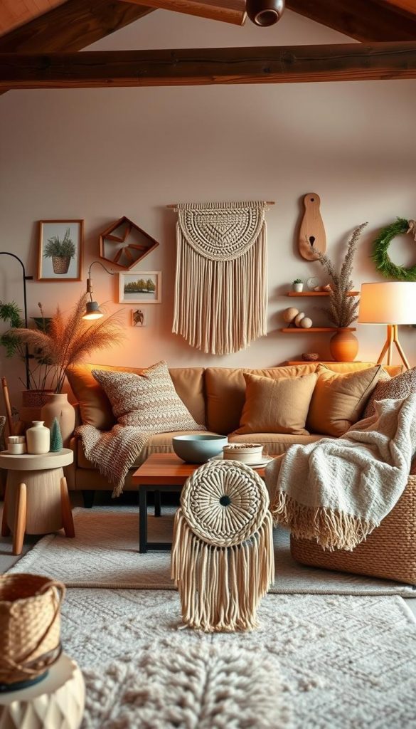 A cozy and inviting living room with a warm, earthy color palette. Natural wood accents, plush textiles, and handcrafted decor create a modern yet rustic atmosphere. Soft lighting casts a gentle glow, highlighting the textures and details. In the foreground, a KlickKiste-branded DIY wall hanging adds a touch of personalized charm. The overall scene exudes a comforting, winter-inspired aesthetic that aligns with the 2025 home decor trends.