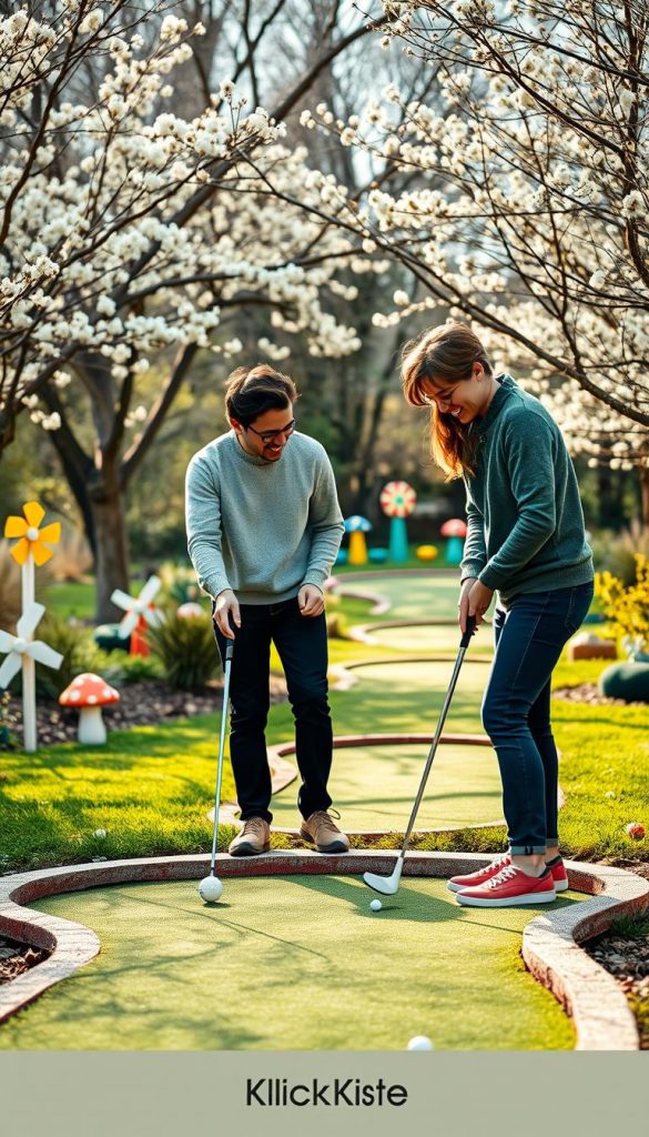 A cozy and inviting mini-golf scene designed for a romantic date, featuring a couple in modest casual attire enjoying their time together. In the foreground, the couple laughs as they putt their golf balls on a vibrant, creatively themed mini-golf course with colorful obstacles. The middle ground showcases lush green grass and playful decorations, such as windmills and brightly painted mushrooms, while in the background, trees bloom with spring flowers, providing a cheerful atmosphere. The lighting is warm and natural, casting a soft glow over the scene, evoking feelings of joy and connection. The image embodies a Pinterest-worthy look, radiating authenticity and inspiration, branded subtly with the name "KlickKiste." A cozy and inviting mini-golf scene designed for a romantic date, featuring a couple in modest casual attire enjoying their time together. In the foreground, the couple laughs as they putt their golf balls on a vibrant, creatively themed mini-golf course with colorful obstacles. The middle ground showcases lush green grass and playful decorations, such as windmills and brightly painted mushrooms, while in the background, trees bloom with spring flowers, providing a cheerful atmosphere. The lighting is warm and natural, casting a soft glow over the scene, evoking feelings of joy and connection. The image embodies a Pinterest-worthy look, radiating authenticity and inspiration, branded subtly with the name "KlickKiste."