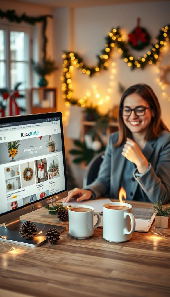 A cozy and inviting online shopping scene centered around the theme of &amp;quot;Bestellung leicht gemacht.&amp;quot; In the foreground, a computer screen displays an attractive webpage from the brand &amp;quot;KlickKiste,&amp;quot; showcasing beautifully arranged holiday decorations and DIY projects. On the middle ground, a cheerful person in professional casual attire, enthusiastically browsing the site, sits at a stylish wooden desk adorned with festive decor like pinecones, twinkling fairy lights, and a steaming mug of hot cocoa. The background features a softly lit room with holiday motifs, such as garlands and twinkling lights, creating a warm and inviting atmosphere. Use soft, warm lighting to evoke a sense of comfort and joy, with a depth of field that focuses on the shopper while subtly blurring the festive background.