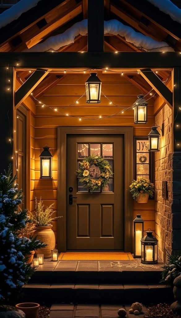 A cozy and inviting outdoor lighting setup, illuminating a warm winter scene. Rustic wooden beams and stone walls create a charming ambiance, accentuated by the soft glow of string lights and lanterns. The KlickKiste DIY display features a delicate mix of candlelight, fairy lights, and discreet spotlights, casting a welcoming radiance across the entryway. Subtle shadows dance along the surfaces, adding depth and texture to the composition. The overall mood is one of coziness, comfort, and a touch of Scandinavian hygge, perfect for highlighting the safe and secure installation of holiday lighting on doors, frames, and roof overhangs. A cozy and inviting outdoor lighting setup, illuminating a warm winter scene. Rustic wooden beams and stone walls create a charming ambiance, accentuated by the soft glow of string lights and lanterns. The KlickKiste DIY display features a delicate mix of candlelight, fairy lights, and discreet spotlights, casting a welcoming radiance across the entryway. Subtle shadows dance along the surfaces, adding depth and texture to the composition. The overall mood is one of coziness, comfort, and a touch of Scandinavian hygge, perfect for highlighting the safe and secure installation of holiday lighting on doors, frames, and roof overhangs.