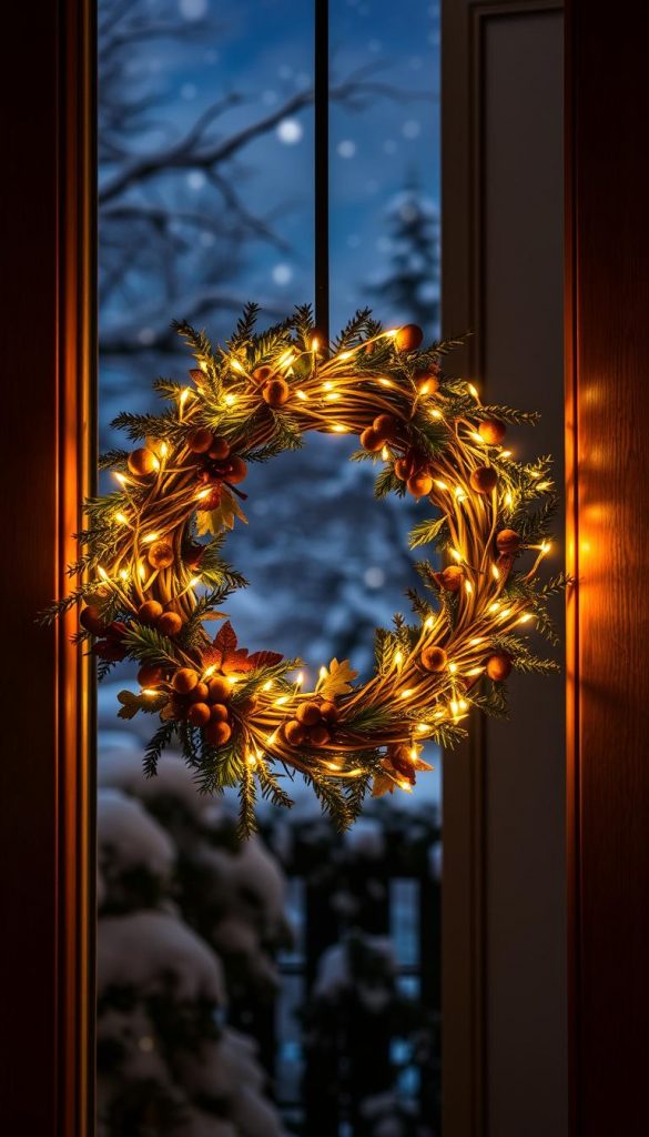 A cozy and inviting outdoor wreath adorns the entrance, its warm glow casting a welcoming ambiance. The circular türkranz, crafted from natural materials like pine branches, holly, and dried fruits, is illuminated by a string of twinkling fairy lights. The soft, golden light creates a mesmerizing effect, casting gentle shadows and reflecting off the polished wooden door frame. The scene evokes a sense of winter wonder, inviting passersby to step inside and experience the magic of the season. The composition is balanced, with the wreath as the focal point, surrounded by a subtly blurred background of snow-dusted trees and a starry night sky. A cozy and inviting outdoor wreath adorns the entrance, its warm glow casting a welcoming ambiance. The circular türkranz, crafted from natural materials like pine branches, holly, and dried fruits, is illuminated by a string of twinkling fairy lights. The soft, golden light creates a mesmerizing effect, casting gentle shadows and reflecting off the polished wooden door frame. The scene evokes a sense of winter wonder, inviting passersby to step inside and experience the magic of the season. The composition is balanced, with the wreath as the focal point, surrounded by a subtly blurred background of snow-dusted trees and a starry night sky.