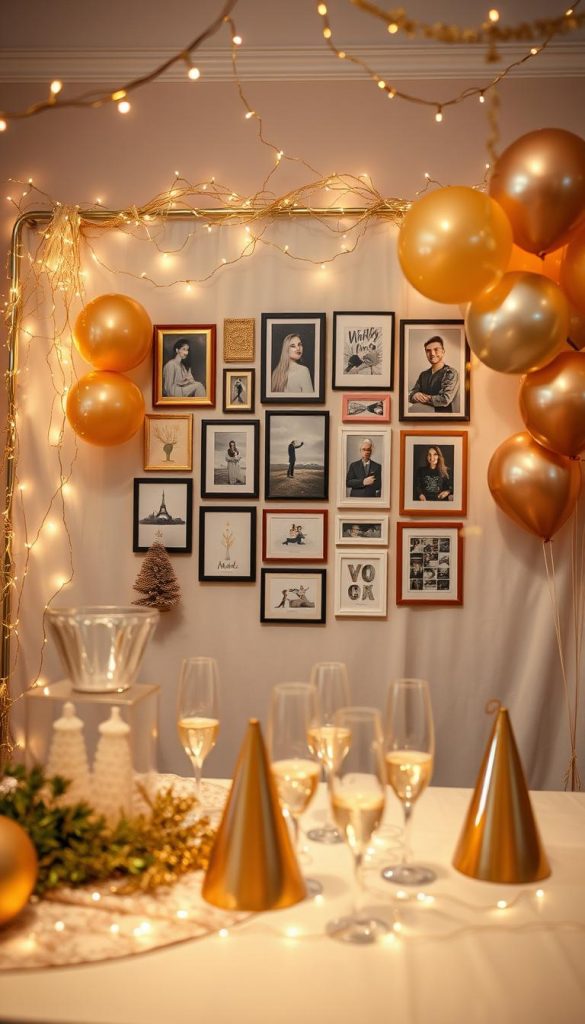 A cozy and inviting photo backdrop for New Year's Eve celebrations, featuring a delightful arrangement of glimmering fairy lights, warm golden streamers, and metallic balloons in shades of gold and silver. The foreground showcases a beautifully decorated table with a festive tablecloth, elegant party hats, and sparkling champagne glasses ready for toasting. In the middle, a stunning gallery wall adorned with curated holiday-themed artwork and photo frames creates an Insta-worthy focal point. The background features soft, warm lighting that enhances the wintery vibes, invoking a sense of celebration and joy. The atmosphere is both authentic and inspiring, perfect for capturing memorable moments. The branding "KlickKiste" can be subtly integrated into the setting. The overall mood is cheerful and festive, ideal for New Year’s Eve festivities.