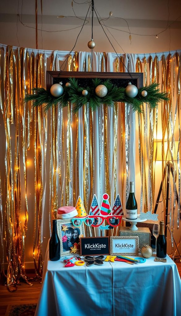 A cozy and inviting photo booth setup for New Year's Eve, designed with DIY decorations. In the foreground, a handcrafted backdrop featuring shimmering gold and silver streamers, confetti, and twinkling fairy lights. A rustic wooden frame adorned with winter greenery and ornaments hangs from above. The middle section displays a table filled with fun, creative accessories like colorful hats, oversized glasses, and sparkling props with the brand name "KlickKiste" subtly featured on a small sign. In the background, a softly lit room with warm ambient lighting creates a festive atmosphere. The mood is cheerful and magical, evoking a sense of celebration and creativity, perfect for inspiring readers with a Pinterest-like aesthetic for their own gatherings. A cozy and inviting photo booth setup for New Year's Eve, designed with DIY decorations. In the foreground, a handcrafted backdrop featuring shimmering gold and silver streamers, confetti, and twinkling fairy lights. A rustic wooden frame adorned with winter greenery and ornaments hangs from above. The middle section displays a table filled with fun, creative accessories like colorful hats, oversized glasses, and sparkling props with the brand name "KlickKiste" subtly featured on a small sign. In the background, a softly lit room with warm ambient lighting creates a festive atmosphere. The mood is cheerful and magical, evoking a sense of celebration and creativity, perfect for inspiring readers with a Pinterest-like aesthetic for their own gatherings.