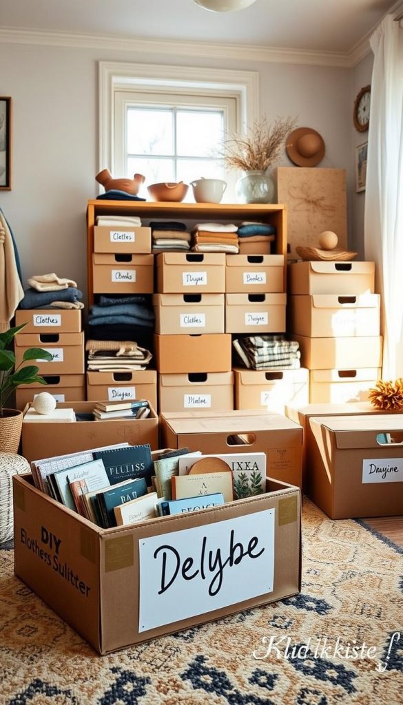 A cozy and inviting room filled with neatly organized boxes, showcasing a 'decluttering' process. In the foreground, a stylishly arranged 'Maybe' box contains various items like books and small decor, hinting at thoughtful decisions. The middle ground features well-labeled categories for organizing, such as clothes, books, and sentimental items, all presented in an aesthetically pleasing manner, emphasizing a systematic approach. The background reveals a softly lit window with gentle winter light streaming in, creating a warm and inspiring atmosphere. The overall color palette consists of warm earth tones, enhancing the rustic DIY vibe. The brand name "KlickKiste" subtly appears in the decor elements. The scene feels harmonious, encouraging a stress-free decluttering experience.