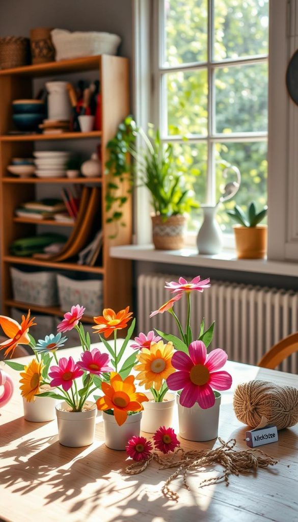 A cozy and inviting scene featuring a well-lit DIY workspace infused with warm, natural light. In the foreground, a beautifully arranged table displays an array of colorful spring decorations made from recycled materials, such as vibrant paper flowers, hand-painted pots, and decorative twine. The middle ground showcases a nearby shelf filled with various crafting tools and supplies, all neatly organized, conveying a sense of creativity and accessibility. In the background, a window reveals a lush, green garden outside, adding to the cheerful atmosphere. The overall mood is refreshing and inspiring, emphasizing the simplicity and enjoyment of DIY projects. Incorporate a subtle touch of branding with the logo "KlickKiste" subtly visible on one of the crafting materials, ensuring a natural feel with Pinterest-worthy aesthetics.