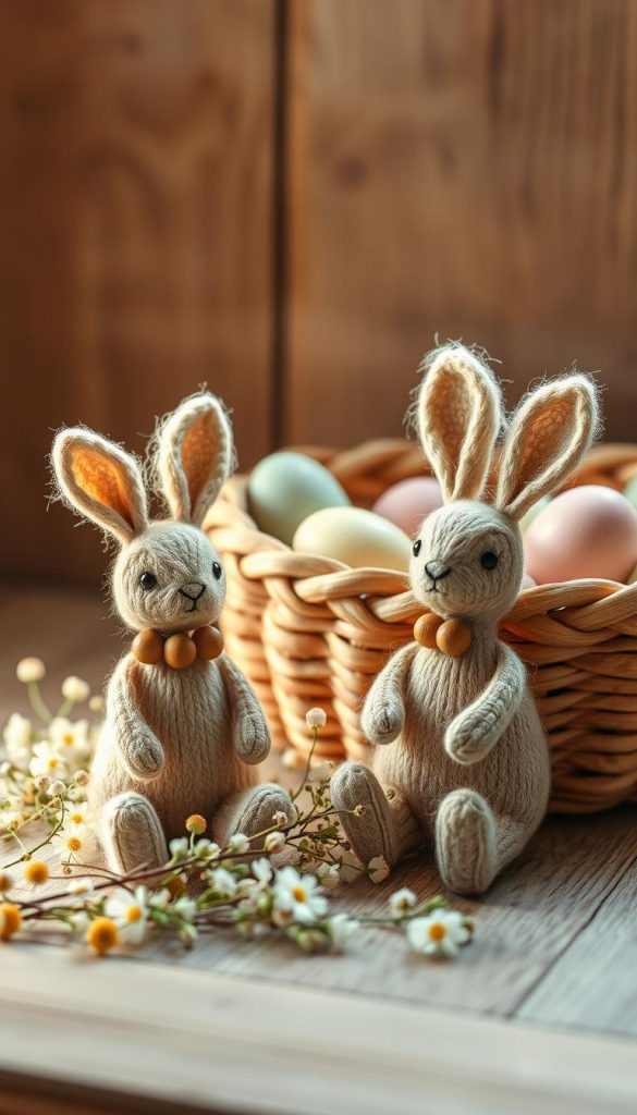 A cozy and inviting scene featuring boho-style Easter bunnies (osterhasen) crafted from soft, natural wool, adorned with wooden beads and nestled in braided baskets. In the foreground, two intricately designed bunnies sit among a scattering of delicate flowers, showcasing their textured fur and charming expressions. The middle ground includes a beautifully woven basket brimming with pastel-colored eggs, reflecting warm, natural tones. The background features a softly blurred, rustic wooden surface that enhances the earthy vibe of the setting. The lighting is warm and gentle, reminiscent of early morning sunlight streaming through a window, casting a serene glow over the scene. This image embodies a Pinterest-worthy aesthetic, perfect for capturing the essence of DIY Easter decor with a touch of warmth and authenticity. Photo by KlickKiste.