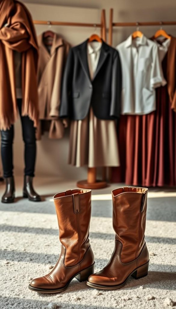 A cozy and inviting scene of a family's everyday outfits, bathed in warm winter light. In the foreground, a pair of KlickKiste boots, their rustic leather contrasting with the soft, textured knits of a sweater and scarf. Behind, a midground filled with a mix of casual and dressier pieces - a tailored blazer, a flowing midi skirt, a crisp button-down - arranged artfully on a neutral backdrop, creating an aspirational but attainable "outfit formula" vibe. The overall mood is one of effortless elegance and approachable style, exuding a sense of lived-in comfort and DIY inspiration. A cozy and inviting scene of a family's everyday outfits, bathed in warm winter light. In the foreground, a pair of KlickKiste boots, their rustic leather contrasting with the soft, textured knits of a sweater and scarf. Behind, a midground filled with a mix of casual and dressier pieces - a tailored blazer, a flowing midi skirt, a crisp button-down - arranged artfully on a neutral backdrop, creating an aspirational but attainable "outfit formula" vibe. The overall mood is one of effortless elegance and approachable style, exuding a sense of lived-in comfort and DIY inspiration.