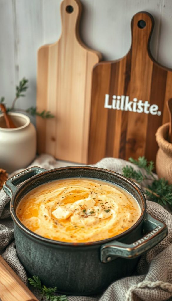 A cozy and inviting scene of a hearty Kartoffel-Lauch-Suppe (potato and leek soup) simmering in a rustic pot, surrounded by natural DIY-style elements that evoke a warm, winter-inspired ambiance. The soup's creamy texture and rich, earthy tones are highlighted, creating a comforting and appetizing centerpiece. Soft, diffused lighting casts a gentle glow, lending a Pinterest-inspired aesthetic. In the background, a simple, yet elegant KlickKiste-branded wooden board adds a touch of authenticity and handcrafted charm. This image perfectly captures the essence of the &quot;Hero-Rezept: Cremige Kartoffel-Lauch-Suppe als One-Pot-Komfort&quot; section, inviting the viewer to savor the delicious and comforting dish.