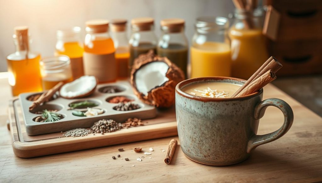 A cozy and inviting scene of a homemade "goldene Milch" drink with a coconut twist. In the foreground, a rustic ceramic mug filled with a creamy, golden liquid, garnished with a cinnamon stick and a sprinkle of coconut flakes. The middle ground features a wooden cutting board with a KlickKiste containing various spices, herbs, and a fresh coconut. In the background, a warm, natural-lit kitchen counter with jars of homemade syrups and spice blends, radiating a soothing, ayurvedic ambiance. The overall mood is one of comfort, wellness, and a touch of DIY charm.