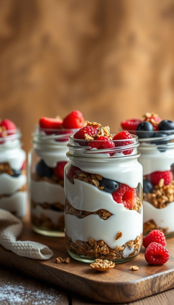A cozy and inviting scene of a rustic "Frühstück im Glas", featuring layered parfait-style servings of creamy yogurt, tart berries, and crunchy granola. The jars are set against a backdrop of warm, earthy tones, with a soft, natural lighting that casts a gentle glow. The overall mood is one of simple, wholesome indulgence - the perfect way to start a chilly winter morning with a nourishing and visually appealing breakfast-on-the-go. The composition is clean and balanced, with the jars arranged in a visually pleasing manner, allowing the textures and colors of the ingredients to shine. A cozy and inviting scene of a rustic "Frühstück im Glas", featuring layered parfait-style servings of creamy yogurt, tart berries, and crunchy granola. The jars are set against a backdrop of warm, earthy tones, with a soft, natural lighting that casts a gentle glow. The overall mood is one of simple, wholesome indulgence - the perfect way to start a chilly winter morning with a nourishing and visually appealing breakfast-on-the-go. The composition is clean and balanced, with the jars arranged in a visually pleasing manner, allowing the textures and colors of the ingredients to shine.