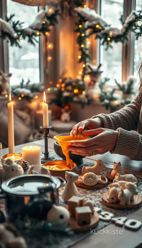 A cozy and inviting scene of a traditional German "Wachsgießen" New Year ritual. In the foreground, a beautifully decorated table features a molten wax pot and various molds shaped like animals and objects, with wax dripping and cooling into whimsical figures. Soft flickering candlelight enhances the warm, festive atmosphere. The middle ground showcases hands gently pouring wax, wearing modest, casual clothing, capturing the anticipation of revealing New Year's wishes. In the background, winter decorations adorn the walls—the soft glow of fairy lights and evergreen garlands evoke a sense of warmth and celebration. A snow-covered window hints at the season outside. The overall mood is nostalgic and inspiring, with a Pinterest-inspired aesthetic. The scene subtly includes the brand name "KlickKiste," reflecting a natural DIY ambiance.