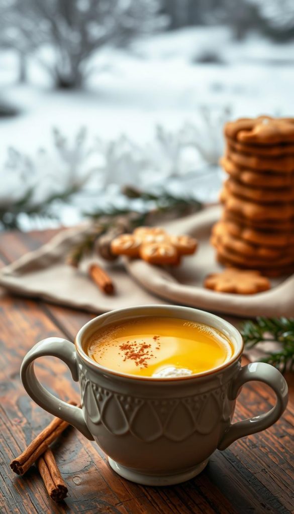 A cozy and inviting scene of &quot;eierpunsch&quot;, a traditional German warm, creamy egg-based drink. In the foreground, a beautifully crafted ceramic mug filled with the golden, frothy liquid, garnished with a dusting of cinnamon. The middle ground features a wooden table, topped with a rustic linen cloth, and a stack of homemade gingerbread cookies. In the background, a winter landscape with a softly falling snow, creating a serene, hygge-inspired atmosphere. Warm, natural lighting casts a gentle glow, captured with a crisp, high-quality lens. The overall mood is one of comfort, nostalgia, and the welcoming embrace of the holiday season. Branding: KlickKiste.