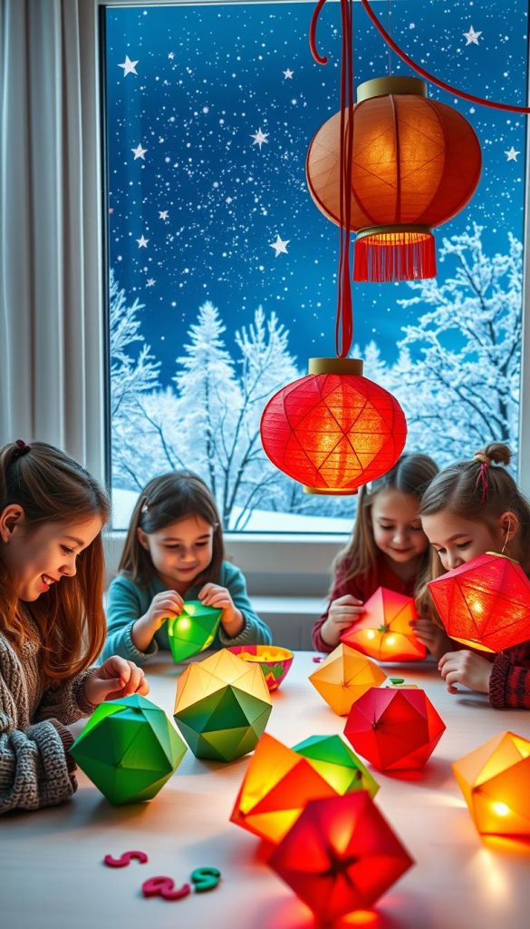 A cozy and inviting scene of children crafting colorful paper lanterns for the winter season. The foreground features a group of young kids gathered around a table, their faces alight with joy as they carefully cut, fold, and decorate their unique lantern designs. Vibrant hues of red, green, and gold adorn the paper, creating a warm and festive atmosphere. In the middle ground, the room is bathed in a soft, natural lighting that casts a gentle glow, highlighting the children's creative process. The background subtly blends a winter landscape with snowy trees and a starry night sky, evoking a sense of wonder and enchantment. The overall composition radiates a charming, DIY-inspired aesthetic, perfect for capturing the essence of a family-friendly lantern-making activity. A cozy and inviting scene of children crafting colorful paper lanterns for the winter season. The foreground features a group of young kids gathered around a table, their faces alight with joy as they carefully cut, fold, and decorate their unique lantern designs. Vibrant hues of red, green, and gold adorn the paper, creating a warm and festive atmosphere. In the middle ground, the room is bathed in a soft, natural lighting that casts a gentle glow, highlighting the children's creative process. The background subtly blends a winter landscape with snowy trees and a starry night sky, evoking a sense of wonder and enchantment. The overall composition radiates a charming, DIY-inspired aesthetic, perfect for capturing the essence of a family-friendly lantern-making activity.