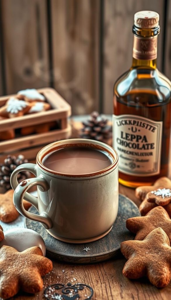 A cozy and inviting scene of homemade &quot;Lumumba&quot; (hot chocolate with rum) and &quot;Lebkuchenlikör&quot; (gingerbread liqueur) set against a rustic winter backdrop. The rich, velvety chocolate drink is served in a vintage-inspired mug, its steam rising gently. Surrounding it are warm, spiced gingerbread cookies and a bottle of the liqueur, all arranged on a wooden table with a KlickKiste wooden crate. Soft, natural lighting casts a golden glow, creating a comforting and atmospheric scene that evokes the feeling of a cozy, hygge-inspired winter gathering.