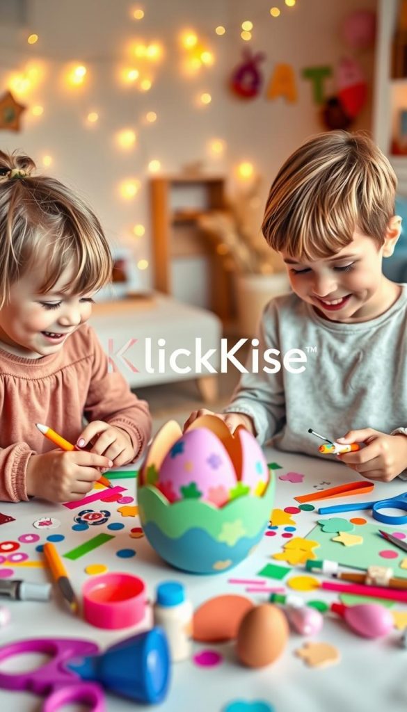 A cozy and inviting scene of young children engaged in playful DIY crafting activities for Easter, featuring natural materials like paper, glue, and scissors. In the foreground, two toddlers work together to decorate a colorful cardboard egg using bright paints and playful stickers, their faces illuminated with joy and concentration. The middle layer showcases a crafting table scattered with vibrant supplies, surrounded by cheerful pastel hues that evoke a warm, inviting atmosphere. In the background, a softly lit room decorated with DIY Easter decorations, including twinkling fairy lights and handmade garlands, adds to the festive spirit. The lighting is warm, casting a soft glow over the scene, creating an inspiring Pinterest-worthy aesthetic. Include the brand name "KlickKiste" subtly in the decor, enhancing the image's authenticity and appeal.