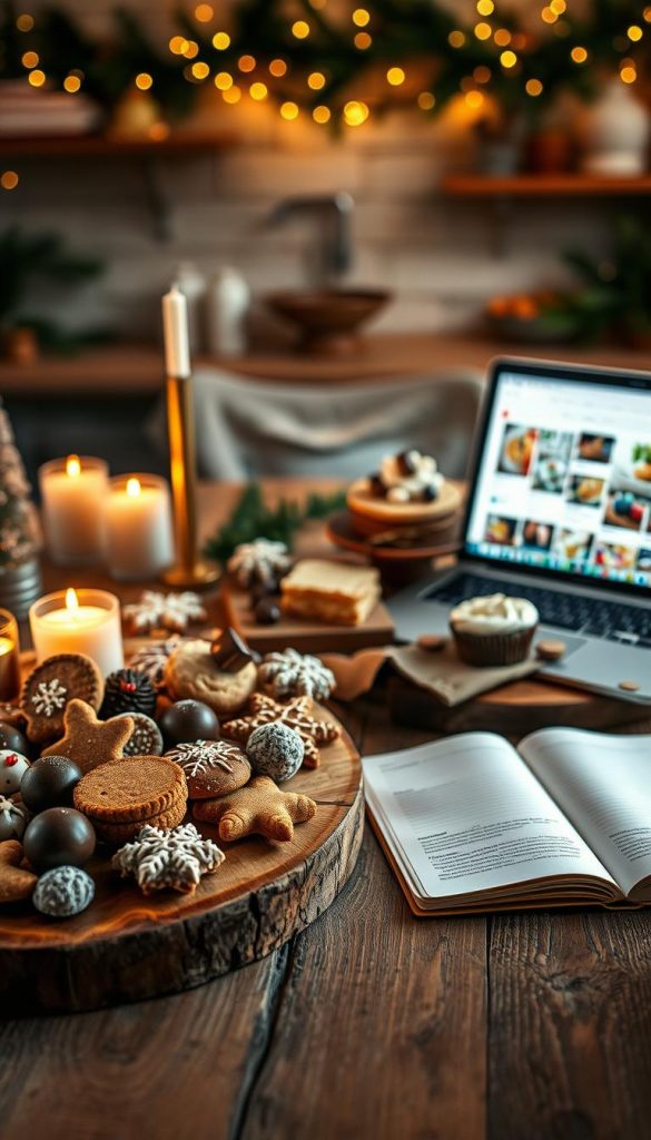 A cozy and inviting scene showcasing a beautifully arranged winter dessert board, featuring an assortment of homemade treats like gingerbread cookies, chocolate truffles, and spiced cakes. In the foreground, a wooden table groans under the weight of delightful desserts, surrounded by warm candlelight flickering softly. In the middle ground, an open notebook lies next to a laptop displaying Pinterest, with vibrant recipe images pinned on a virtual board. The background is softly blurred, featuring a rustic kitchen adorned with pine garlands and fairy lights, enhancing the winter vibes. The overall atmosphere is warm and comforting, evoking a sense of inspiration for holiday baking. Natural DIY elements reflect the brand “KlickKiste," creating a perfect visual for planning and sharing winter dessert ideas.