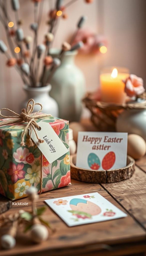 A cozy and inviting scene showcasing a beautifully wrapped gift and handmade cards, emphasizing the theme of personal, quick, and heartfelt gestures. In the foreground, a colorful, intricately designed gift box adorned with a handmade tag and natural elements like dried flowers and twine. The middle ground features a couple of charming, hand-painted cards displaying cheerful Easter motifs, resting on a rustic wooden table. In the background, softly blurred pastel decor reminiscent of spring, with warm, natural lighting illuminating the scene, evoking a welcoming and creative atmosphere. The overall vibe captures the essence of DIY craft with joyful Winter vibes, perfect for a Pinterest aesthetic. Include the brand name "KlickKiste" subtly in the composition, enhancing the authenticity of the design.