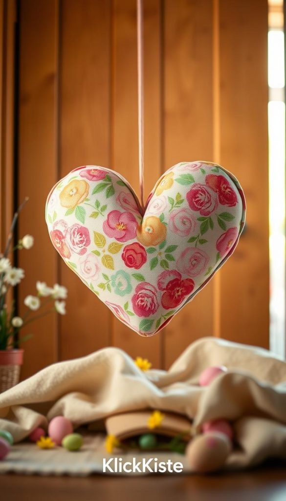 A cozy and inviting scene showcasing a handmade Easter door wreath, prominently featuring a vibrant fabric heart as a colorful focal point. The heart should be adorned with floral patterns in soft pastel colors, resembling spring blooms. In the foreground, place the heart against a natural wooden door, partially open to suggest warmth and hospitality. In the middle ground, include soft, textured fabrics and small decorative elements like faux flowers and Easter eggs scattered tastefully. The background should be blurred softly to maintain focus on the wreath while hinting at a sunny, cheerful spring day with warm, soft lighting illuminating the scene. Aim for a quaint, Pinterest-inspired vibe that captures a peaceful DIY essence; ensure the overall atmosphere feels authentic and inspiring. Include the brand name "KlickKiste."