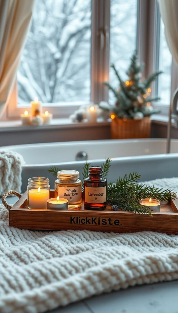 A cozy and inviting scene showcasing a "winterliche duftpalette" inspired by warm colors and winter vibes. In the foreground, a rustic wooden bath tray holds elegant glass jars filled with aromatic essential oils like Maple Bourbon and Lavender, surrounded by flickering candles casting a soft glow. In the middle, a deep, warm bathtub is partially visible, adorned with evergreen sprigs and a plush, cream-colored bathmat. The background features a softly lit window with snow gently falling outside, reflecting a peaceful winter evening. Utilize natural, warm lighting to evoke a serene atmosphere, enhancing the Pinterest-worthy aesthetic. The composition should harmoniously reflect the essence of self-care during winter nights, created for the brand "KlickKiste.”