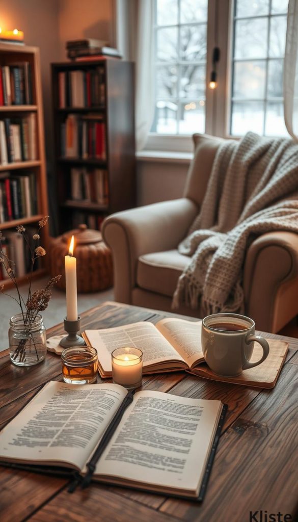 A cozy and inviting self-care evening scene, captured in a warmly lit room. In the foreground, a rustic wooden table adorned with natural DIY elements: candles in glass holders, a small arrangement of dried flowers, and an open journal with a steaming cup of herbal tea beside it. The middle ground features a plush armchair draped with a soft, knitted blanket, and a bookshelf filled with books on wellness and self-care. In the background, a softly glowing window reveals snowy winter vibes outside. The lighting is warm and ambient, emphasizing a tranquil atmosphere that inspires relaxation and self-reflection. The style embodies a Pinterest aesthetic, conveying authenticity and inspiration. Brand name "KlickKiste" subtly integrated into the decor without text overlays.