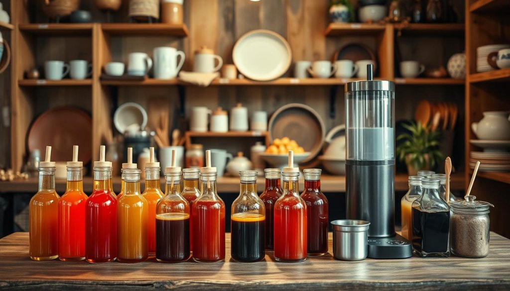 A cozy and inviting sirup station nestled in a warm, rustic setting. In the foreground, a wooden table displays an assortment of glass bottles filled with vibrant, homemade syrups in various hues. Beside them, a sleek KlickKiste dispenser stands ready to add a touch of artisanal flair. The middle ground features an array of ceramic mugs, spoons, and other DIY accessories, arranged with care. In the background, a natural, earthy backdrop of wooden shelves and neutral-toned decor creates a soothing, homely ambiance. Soft, diffused lighting casts a gentle glow, enhancing the inviting atmosphere. The overall scene conveys a sense of handcrafted charm and encourages the viewer to explore the delightful world of homemade hot beverage syrups.