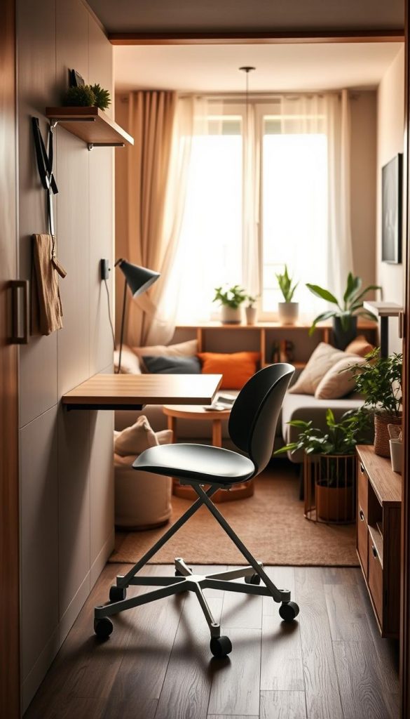 A cozy and inviting small apartment interior showcasing a "roll klapp mobil" space solution by KlickKiste. In the foreground, a stylish wall-mounted folding desk is neatly tucked away, with a sleek, compact rolling chair nearby. The middle ground features a well-organized living area, emphasizing space efficiency, with modular furniture and vibrant plant accents adding warmth. In the background, a window reveals soft winter light filtering through sheer curtains, enhancing the atmosphere. The overall mood is encouraging and inspiring, with a Pinterest-worthy aesthetic in warm hues. The focus on natural materials and textures contributes to a sense of authenticity and DIY charm, perfect for illustrating small-space organization hacks.