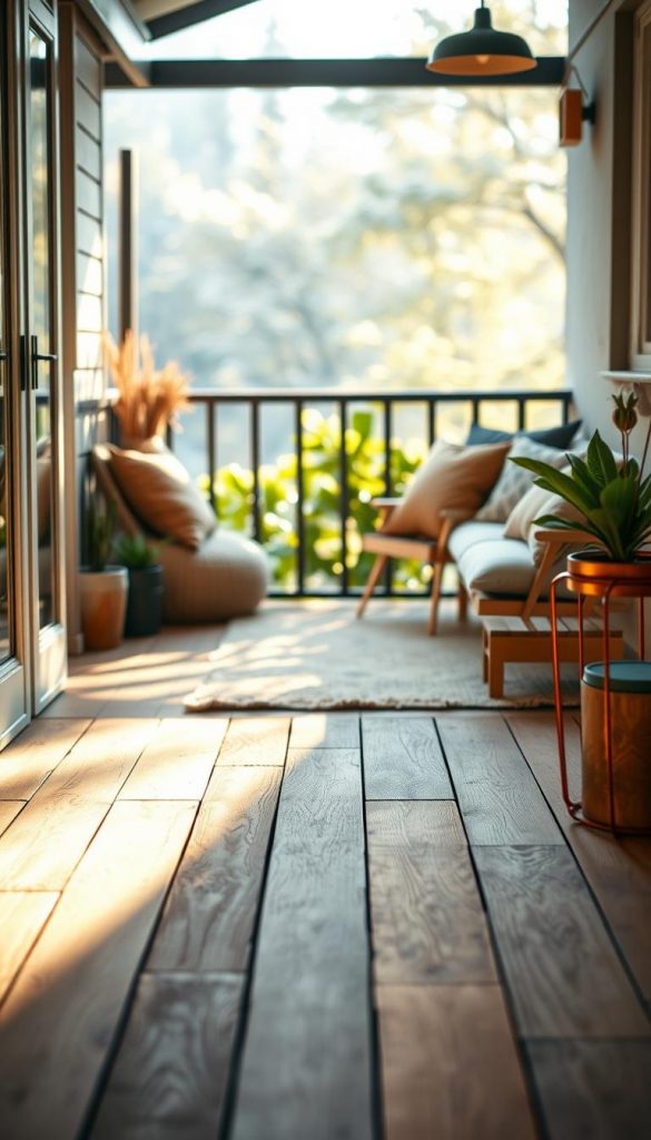 A cozy and inviting small balcony setting, featuring various flooring options to create a warm atmosphere. In the foreground, arrange natural wooden flooring planks alongside colorful outdoor tiles from "KlickKiste," showcasing their aesthetic appeal. The middle ground should highlight an outdoor rug, adding texture and comfort, adorned with soft cushions in earthy tones. In the background, a lush green view with soft winter sunlight filtering through, enhancing the warmth of the scene. Use soft, natural lighting to emphasize the cozy mood, with a slightly blurred shallow depth of field to keep the focus on the flooring options. Aim for a Pinterest-worthy aesthetic that evokes inspiration and DIY charm.