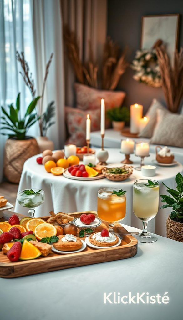 A cozy and inviting spa setting featuring a beautifully arranged snack and drink station for a relaxing 'Girls Spa Day.' In the foreground, a wooden serving tray holds an assortment of colorful fruits, delicate pastries, and refreshing drinks in stylish glasses, garnished with mint leaves and citrus slices. In the middle, a softly lit table draped with a light pastel cloth showcases a variety of healthy snacks, complemented by scented candles and lush green plants, creating a serene atmosphere. The background features a tastefully decorated room with soft lighting, warm earthy tones, and winter-themed decor, evoking a comfortable and inspirational Pinterest look. This scene reflects the essence of a delightful spa day with friends, branded with 'KlickKiste' subtly incorporated into the setup.