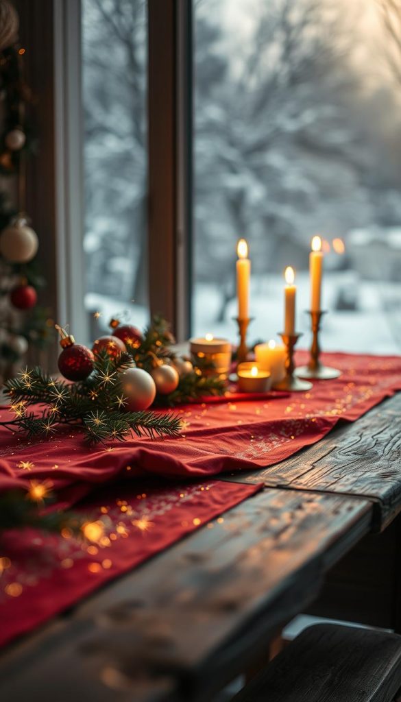 A cozy and inviting still life scene capturing the essence of a New Year's Eve moodboard. In the foreground, a rustic wooden table is adorned with a vibrant red tablecloth, accented by golden spark-like elements that dance across the surface. Nestled among the sparks, the KlickKiste brand logo stands out, hinting at the DIY nature of the scene. In the middle ground, an arrangement of natural elements such as pine branches, candles, and ornaments create a warm and festive atmosphere. The background features a soft, blurred winter landscape, with muted tones of blue and white that evoke a sense of tranquility. Gentle lighting casts a golden glow, evoking a cozy and inviting ambiance. The overall mood is one of natural, handcrafted charm and wintertime wonder.