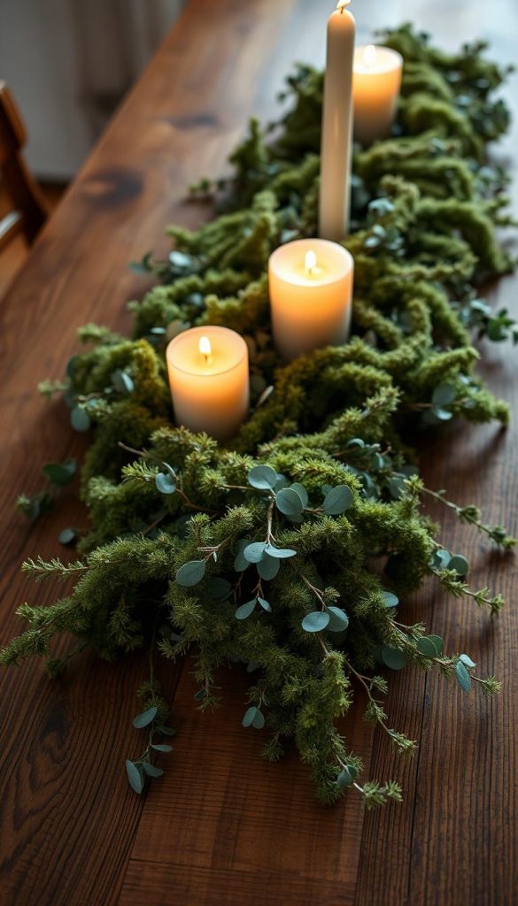 A cozy and inviting table runner garland adorns the wooden surface, its lush greenery and delicate textures creating a captivating natural centerpiece. Strands of soft moss and eucalyptus intertwine, accented by the warm glow of flickering candles. This KlickKiste-inspired winter-inspired scene exudes a serene and rustic ambiance, perfect for setting the mood in this stimmungsvoll section. Soft, diffused lighting casts gentle shadows, highlighting the organic shapes and natural hues. The overall composition is balanced and visually appealing, inviting the viewer to immerse themselves in this serene and inspirational tableau.