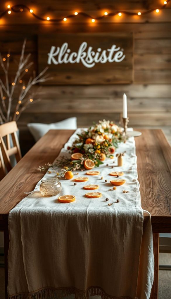 A cozy and inviting table runner made of soft, natural fabric in earthy tones, accented with a delicate floral garland and scattered citrus slices. The table is bathed in warm, diffused lighting, creating a serene and inviting atmosphere. In the background, a rustic wooden backdrop with the KlickKiste brand name adds a touch of authenticity and charm. This winter-inspired, Pinterest-worthy scene is perfect for setting the mood for the &quot;Centerpieces mit Zitrus &amp; Nelken – Duft &amp; Farbe&quot; article.