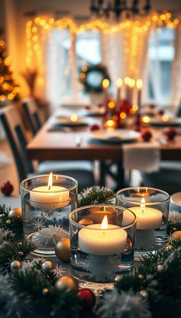 A cozy and inviting table setting for New Year's Eve, featuring elegant glass floating candles ("schwimmkerzen") gently illuminated in clear glass containers filled with water. The foreground showcases these candles surrounded by sparkles and soft accents like pine branches and festive ornaments, creating a winter vibe. In the middle ground, a beautifully set wooden table adorned with warm-colored decorations and twinkling fairy lights adds a celebratory atmosphere. The background features a softly blurred view of a warmly lit room, enhancing the intimate setting. The lighting is warm and inviting, conjuring a sense of comfort and celebration, while the overall composition is styled to reflect a natural DIY aesthetic, inspired by Pinterest. Perfect for a festive and inspiring winter setup from KlickKiste.