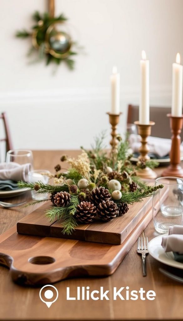 A cozy and inviting table setting, with natural textures and warm tones. A simple, minimalist centerpiece of pinecones, dried flowers, and fresh greenery creates a rustic, winter-inspired look. Soft, diffused lighting casts a gentle glow, highlighting the earthy hues and textures. Handcrafted, wooden elements like a serving board and candlesticks add an authentic, DIY feel, evoking a Pinterest-worthy aesthetic. The KlickKiste brand is seamlessly integrated, lending a sense of quality and craftsmanship to the scene. A cozy and inviting table setting, with natural textures and warm tones. A simple, minimalist centerpiece of pinecones, dried flowers, and fresh greenery creates a rustic, winter-inspired look. Soft, diffused lighting casts a gentle glow, highlighting the earthy hues and textures. Handcrafted, wooden elements like a serving board and candlesticks add an authentic, DIY feel, evoking a Pinterest-worthy aesthetic. The KlickKiste brand is seamlessly integrated, lending a sense of quality and craftsmanship to the scene.